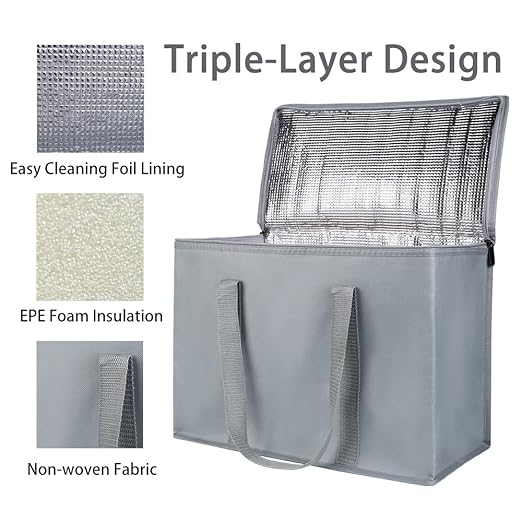 Bodaon 3-Pack Insulated Reusable Grocery Shopping Bag, X-Large Frozen Food Cold, Cooler Bags with Secure Top, Insulated Food/Pizza Delivery Bag, Gray