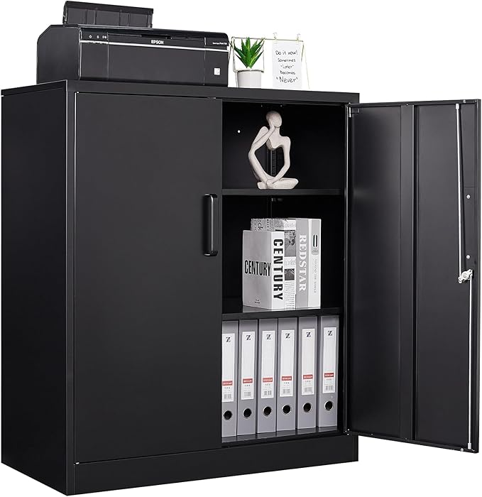 STANI Metal Storage Cabinet with 2 Adjustable Shelves, Steel Counter Cabinet with Lockable Doors for Home Office (Black)