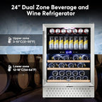 Tylza Wine and Beverage Refrigerator, 24 Inch Dual Zone Wine Fridge Built-in or Freestanding, Holds 100 Cans and 30 Bottles, Under Counter Wine Cellar with Double-Layer Glass Door, LED Light, Lock
