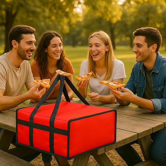 Bodaon Insulated Food Delivery Bag 16" x 16" x 6" – Compact Pizza Bag Holds Up to 3 Pizza Boxes, Foldable Thermal Carrier Cooler for Commercial Food Delivery Staff, Red