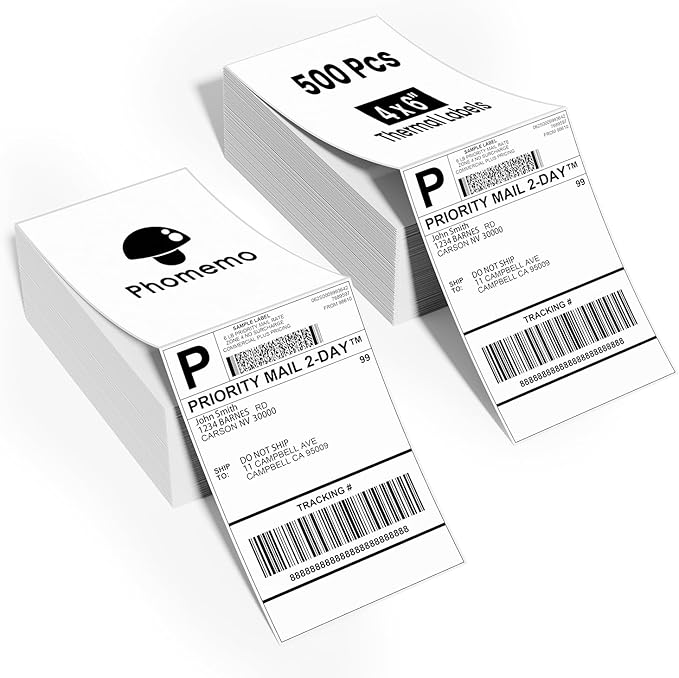Phomemo 4x6 Shipping Labels, 1000 PCS Fan-Fold Thermal Labels, Compatible with MUNBYN,JADENS,Nelko,KNAON,Phomemo 241bt,243bt,D450BT,D520BT, Label Printer,Water/Oilproof Label Stickers for Address Mail
