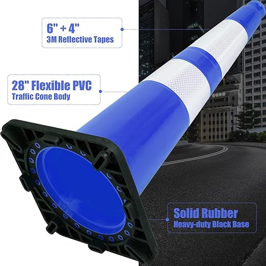 6 Pack 28" Large PVC Traffic Cones with Heavy-Duty Black Base, Garage Parking Lot Cones Structurally Stable Weatherproof Road Construction Safety Cones (6, Blue, 28" Large)