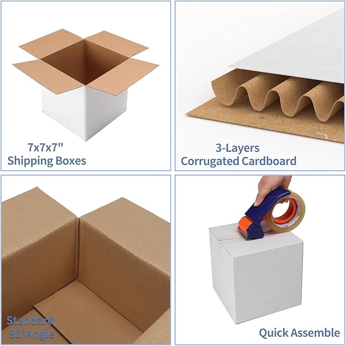 Hoikwo 7x7x7 Shipping Boxes Set of 25, White Corrugated Cardboard Box for Small Business for Packaging Mailing