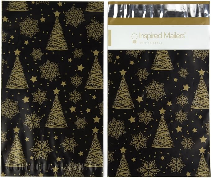 Inspired Mailers - Christmas Poly Mailers 6x9 Holiday Variety Pack of 30-10 each: Trees & Snowflakes, Rose Gold Trees, Gold Snowflake Baubles (6x9, 30 Pack)