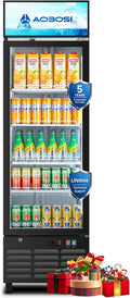 AAOBOSI Commercial Merchandiser Refrigerator,12.29 Cu.Ft Glass Door Display Refrigerator,Upright Beverage Cooler Fridge with Soft LED Light, Customizable Lightbox,Universal Casters, Adjustable Shelves