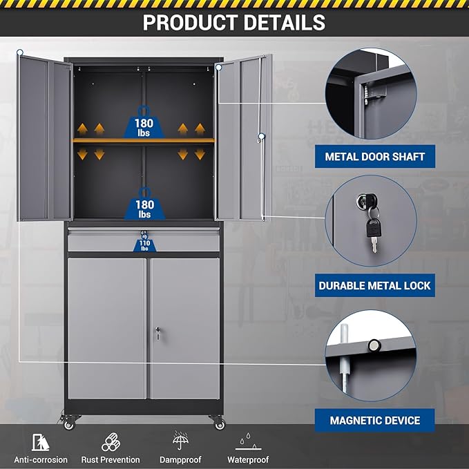 73" Metal Cabinet-Black&Gray Heavy Duty Rolling Storage Cabinet Steel Tool Cabinets with Wheels, Shelves, Lockable Doors and Drawers- for Garage, Pantry, Warehouse - Assembly Required