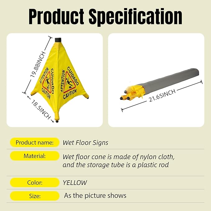 Wet Floor Signs - 2PCS Pop UP Bilingual Yellow Cones Wet Floor Sign with Wall Mounted Storage Tube Foldable, Slip Carefully Safety Cone Signs For Commercial & Office