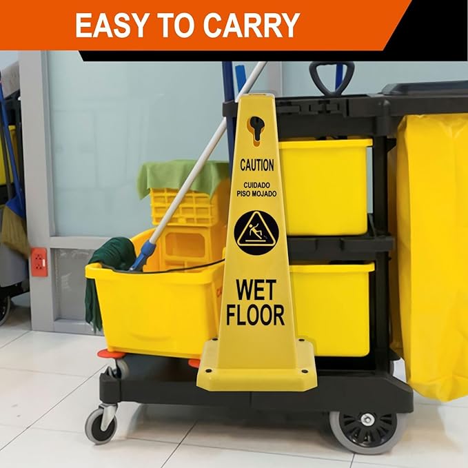 26.5" Caution Cones, 4-Sided Visible Safety Signs with Heavy Rubber Base, Warning for Slip & Fall Prevention, Indoor/Outdoor Use (8, Wet Floor Caution-Yellow, 26.5 inch)