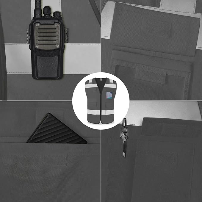 TCCFCCT Hi Vis Vest 5 Pockets High Visibility Reflective Safety Vest for Men Women, Neon Construction Vest with Horizontal Strip for Walkie-talkie and ID Card, Meets ANSI/ISEA Standards, Grey,M
