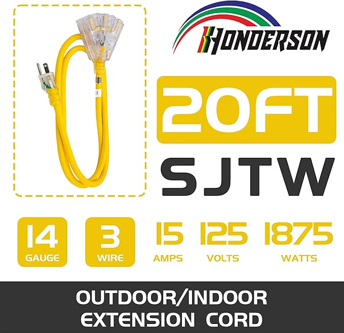 3-Outlets Indoor Outdoor Extension Cord Weatherproof with Lighted End, UL Listed, 14 Gauge 20FT Yellow 3 Prong Heavy Duty, 14/3 SJTW 15A Extension Cord