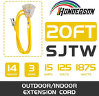 3-Outlets Indoor Outdoor Extension Cord Weatherproof with Lighted End, UL Listed, 14 Gauge 20FT Yellow 3 Prong Heavy Duty, 14/3 SJTW 15A Extension Cord