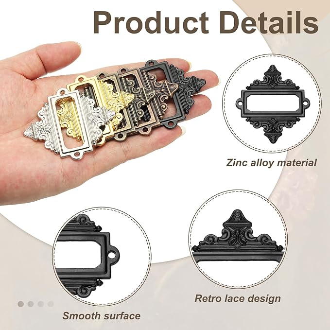 uxcell 10 Pcs Metal Label Holder, 2.2 x 2.4 Inch Small Vintage Card Frame Tag Floral Lace Label Holder with Screws for File Boxes Drawers Door Cabinet Book Shelves, Black