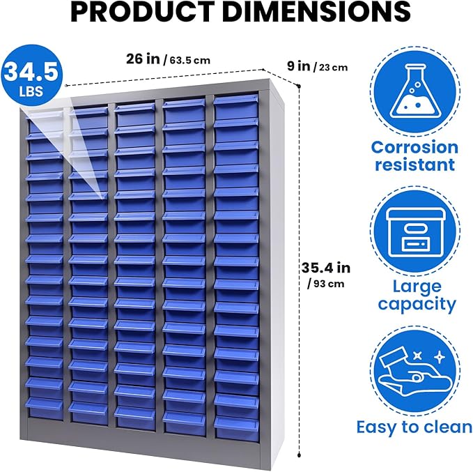 75 Drawer Heavy Duty Parts Cabinet,2mm Steel Frame & ABS Drawers with Labels/Divider,550Lbs Capacity Nut Bolt Screw Organizer for Workshop,Garage,Hardware Storage