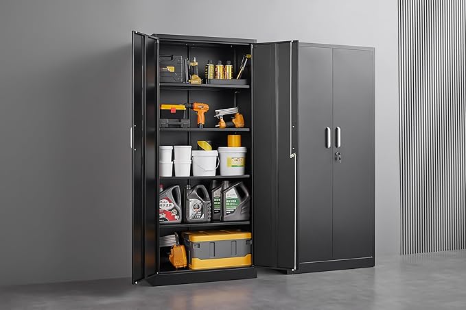 Garage Storage Cabinet with 2 Lockable Doors, Adjustable Shelves Metal Storage Cabinet, Kitchen Pantry Storage Cabinet, Heavy-Duty Steel Cabinet for Home, 71'H, Black