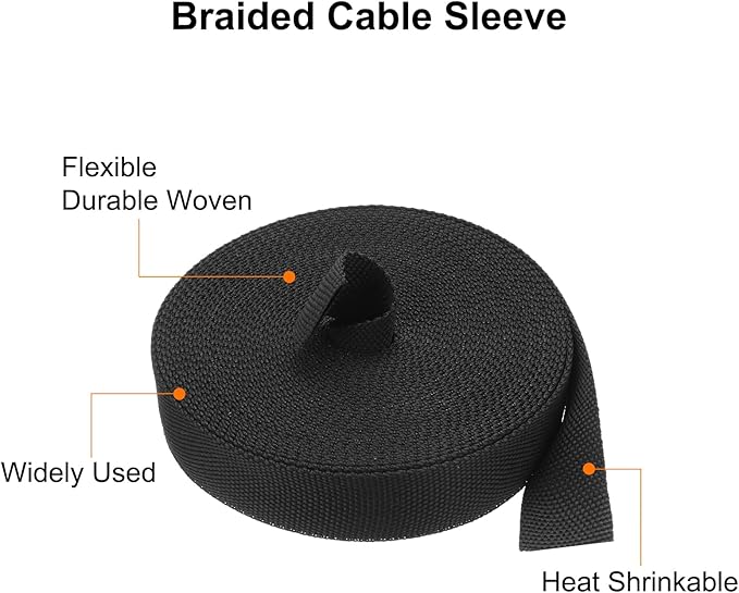 MECCANIXITY Braided Cable Sleeves Heat Shrinkable Fabric Sleeving, 5/8" 33ft Black 2:1 Ratio Heat Shrinkable Cord Protector for Harness Cable, Network Cable Protection, Cable Management