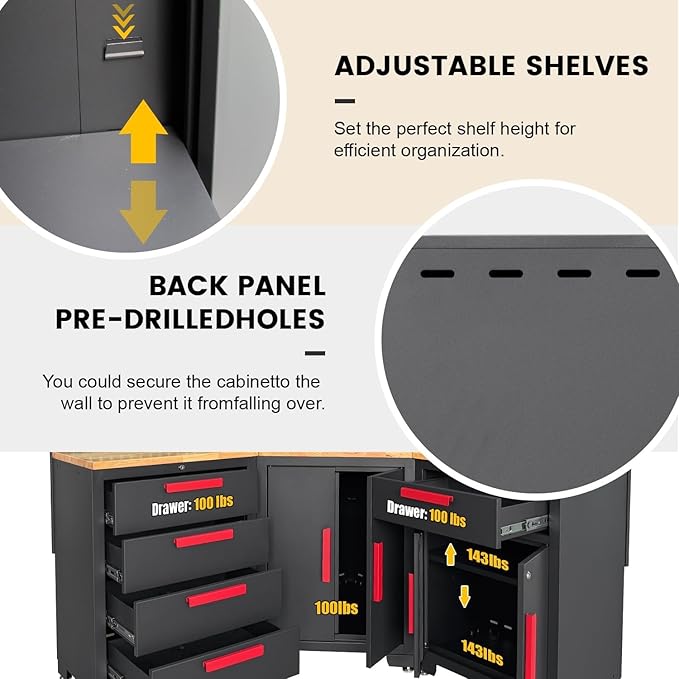 16PCS Corner Garage Storage Cabinet System - Heavy Duty Workshop Set w/Corner Cabinet Includes Workbench, Pegboard & Lockable Drawers | Metal Tool Organization System for Garage/Workshop