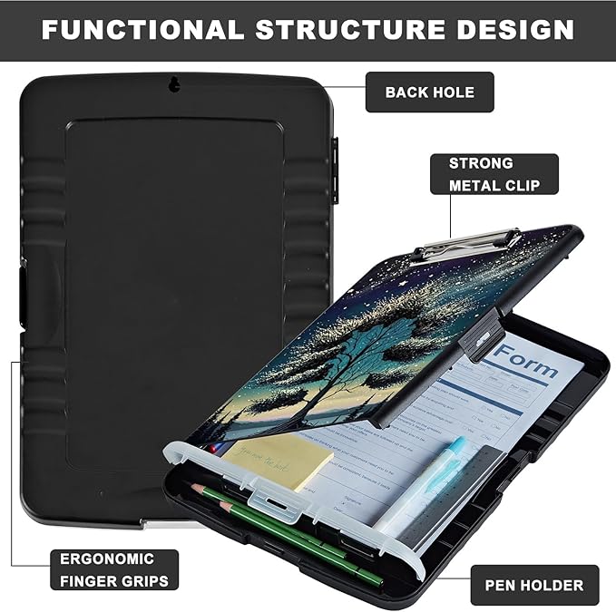 Clipboard with Storage,Heavy Duty Plastic Storage Clipboard with Low Profile Clip,Teacher Must Haves,Office Supplies,Sky Forest Tree
