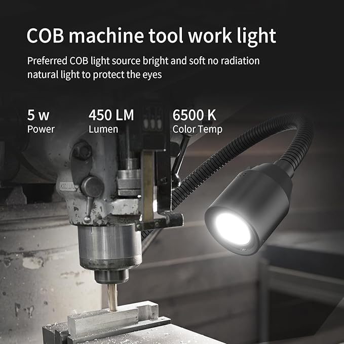 LED Work Lights, 450 lumens COB lamp Beads, Flexible gooseneck Lights, Screw-Fixed Base Drill Lights, Suitable for Lighting Machine Tools, Lathe workbenches, etc.