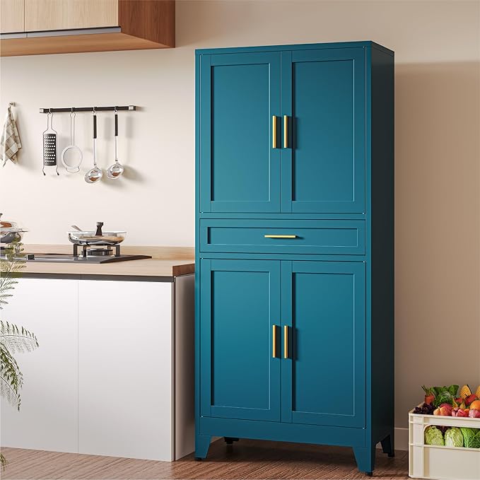 COFaR 71" Pantry Cabinet with Drawer, Peacock Blue Storage Cabinet with Adjustable Shelves, 3-Section Modern Statement Cupboard for Kitchen & Bathroom