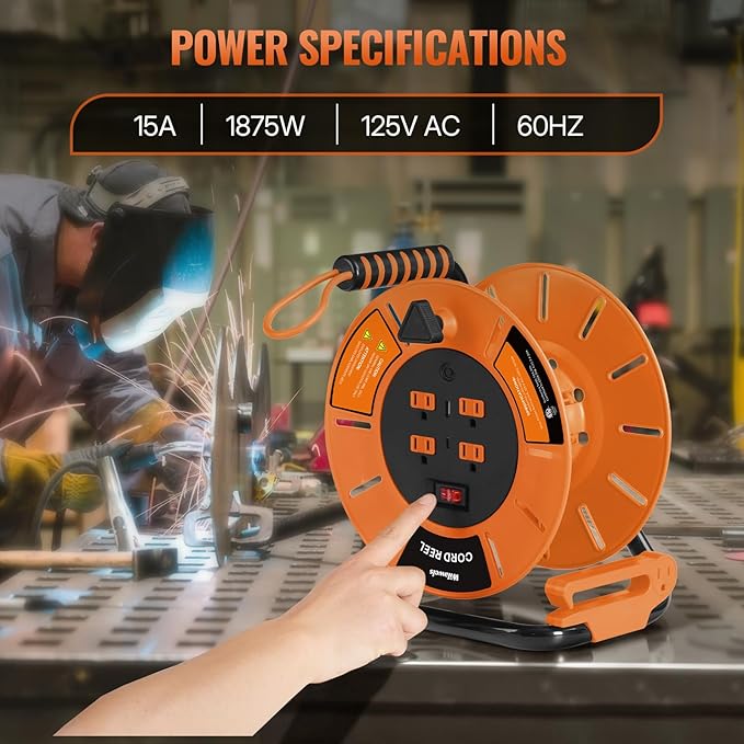 Extension Cord Storage Reel with 4-Grounded Outlet & 2 USB Port, 15A Circuit Breaker, Heavy Duty Open Cord Reel for 12/3,14/3 Gauge Power Cord, Hand Wind Retractable,ETL Listed Orange G85CR06