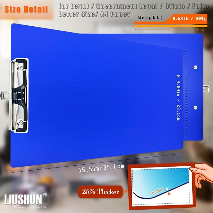 Legal Aluminum Clipboard Metal w/Stainless Hangable Pen Holder Writing Low Profile Large Clip Board 9" x 15.5" Message Tabletop for Lawers Office Business Workshop Factory Supplies (Blue, Legal)
