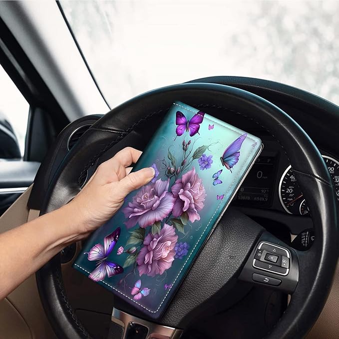 Car Registration and Insurance Holder, Leather Car Glove Box Organizer, Cool Car Accessories for ID, Driver's License Cards & Essential Document, business cards, Men&Women,Pink Butterfly Flower
