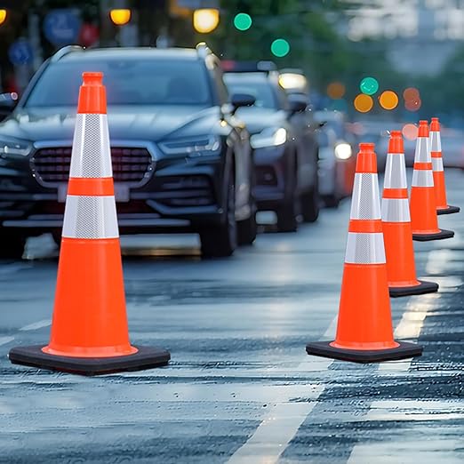 8 Pack 28 Inch Orange PVC Traffic Cones Black Base Stable Flexible, Road Safety Construction Zone Crowd Control Parking Safety Markers (8, Orange, 28 Inch)