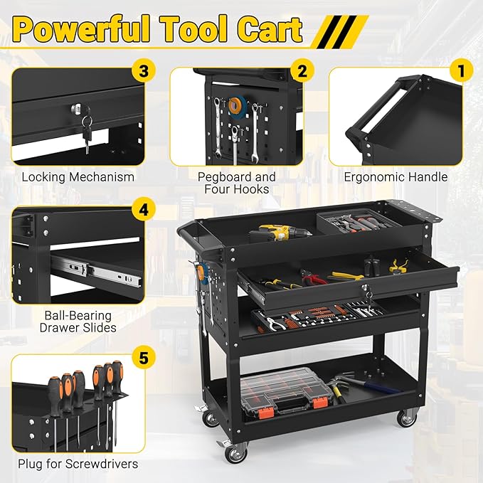 3 Tier Rolling Tool Cart on Wheels, 550 LBS Tool Cart with Drawers，Heavy Duty Utility Cart with Pegboard and Hooks，Mechanic Tool Storage Cart for Garage, Warehouse (Black)