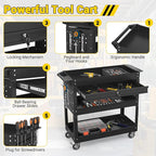 3 Tier Rolling Tool Cart on Wheels, 550 LBS Tool Cart with Drawers，Heavy Duty Utility Cart with Pegboard and Hooks，Mechanic Tool Storage Cart for Garage, Warehouse (Black)