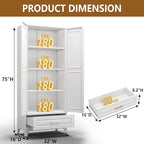 Kitchen Pantry Cabinet with Drawer, 75" Tall Pantry Cabinets for Kitchen Storage, Metal Storage Cabinets with Doors and Shelves, Freestanding Cupboards for Dining Room, White, Assembly Required