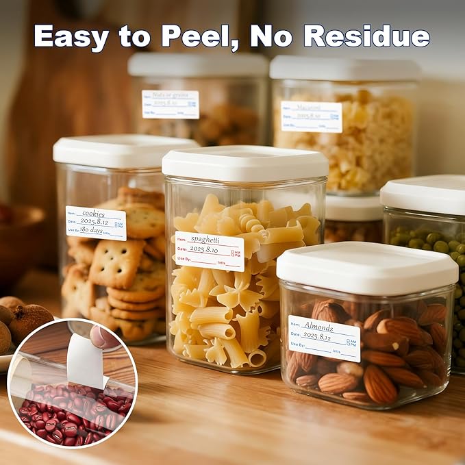 1200 Pieces Removable Food Labels Stickers, 2 Rolls 1x3 Inch Freezer Labels for Food Containers, No-Residue, Easy Clean, Waterproof & Oil-Resistant Food Storage Labels for Kitchen Restaurants