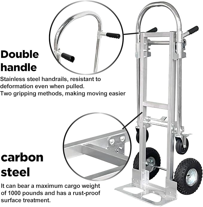 3 in 1 Convertible Hand Truck Dolly Cart with Wheels Heavy Duty/with 4 Wheels &Brakes /1000Lbs Load for Furniture/Electrical Appliance/Carton/Warehouse/Office /10 Minutes to Install as Video
