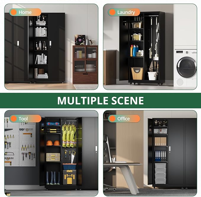 Synorla Metal Storage Cabinet with Lock, 72" Clothing Coat Steel Wardrobe Cabinet with Wheel, Tall File Tool Cabinet Employees Locker Closet with Hanging Rod for Home Office, Garage, Gym