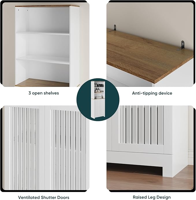 Bathroom Storage Cabinet - 46.7" Freestanding Tall Cabinet with Slatted Doors and Open Shelves, Adjustable Shelves, White Bathroom Organizer for Small Spaces, Bathroom Linen Tower with Closed Storage