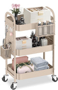 ALVOROG 3 Tier Rolling Cart with DIY Pegboards Metal Utility Cart with Wheels Handles Baskets Hooks, Craft Cart for Office Kitchen Bathroom(Khaki)