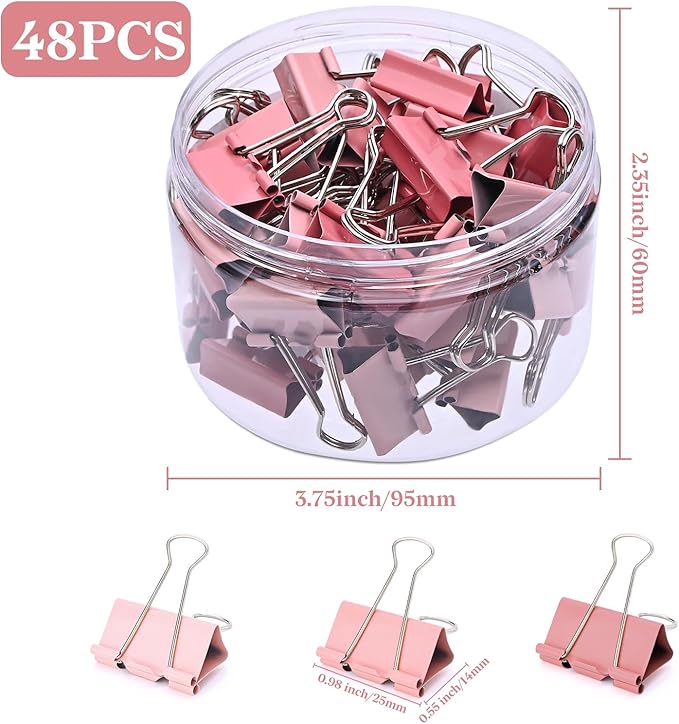 Temiary Aesthetic Binder Clips, 48 Pcs 0.98 Inches Small Metal Binder Clip with Clear Storage Container, Binding Paperwork Clamps for School Teachers Office Supplies (Pink)