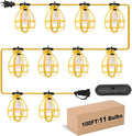 100FT Construction String Lights with Outdoor Extension Cord Safety Cover, 100W 11 Bulbs Work Lights, IP65 Waterproof, 8000LM 6500K Temporary Lighting for Workshop, Mine cave, Job Site