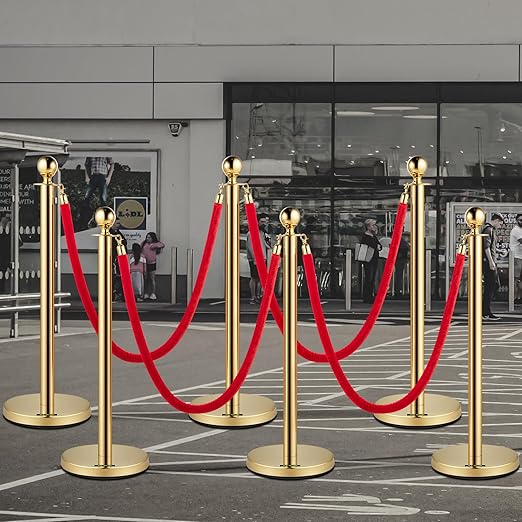 VEVOR Velvet Ropes and Posts 6 Pcs Red Velvet Rope 5 ft, Stanchions Solid Base with Ball Top, Crowd Control Barriers Gold Stanchions, Red Carpet Poles, Crowd Control Ropes and poles for Party Supplies