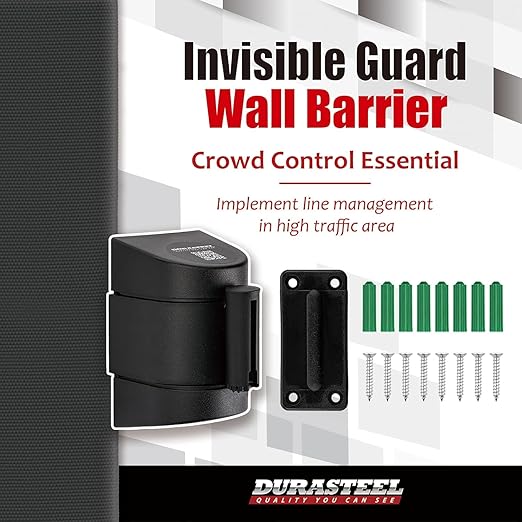 DuraSteel Wall Mount Retractable Belt Barrier - 6.5 Ft Black Safety Belt in Black Casing - Guardian 2.0 Indoor & Outdoor Do Not Cross Caution Tape for Crowd Control Queue Barrier, Line Divider, 10 Pcs