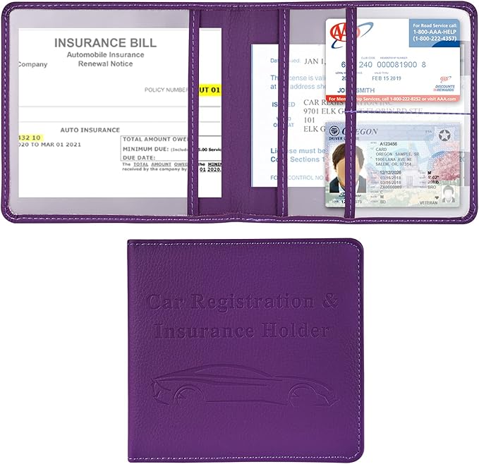 Cacturism Car Registration and Insurance Holder, Vehicle Glove Box Car Organizer Men Women Wallet Accessories Case for Cards, Essential Document, Driver License, Purple