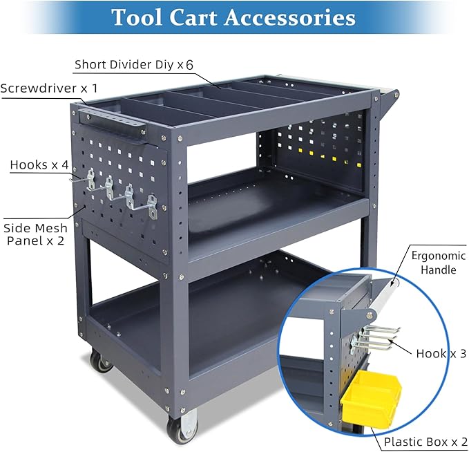 3 Tier Rolling Tool Cart with 6 Dividers, Mesh Panels & Screwdriver Shelf, 500 lbs Capacity, 32.5"x31.5"x15"