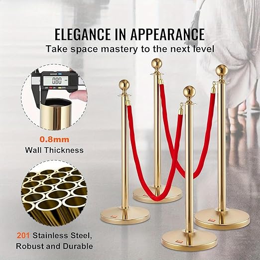 Stanchion Set, Gold Stanchion and Velvet Ropes with 4 Pcs Stainless Steel Posts and 3Pcs Red 5FT Ropes Crowd Control Barrier for Events, Weddings, Theaters, VIP Lines, Queue Management