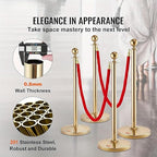Stanchion Set, Gold Stanchion and Velvet Ropes with 8 Pcs Stainless Steel Posts and 6Pcs Red 5FT Ropes Crowd Control Barrier for Events, Weddings, Theaters, VIP Lines, Queue Management