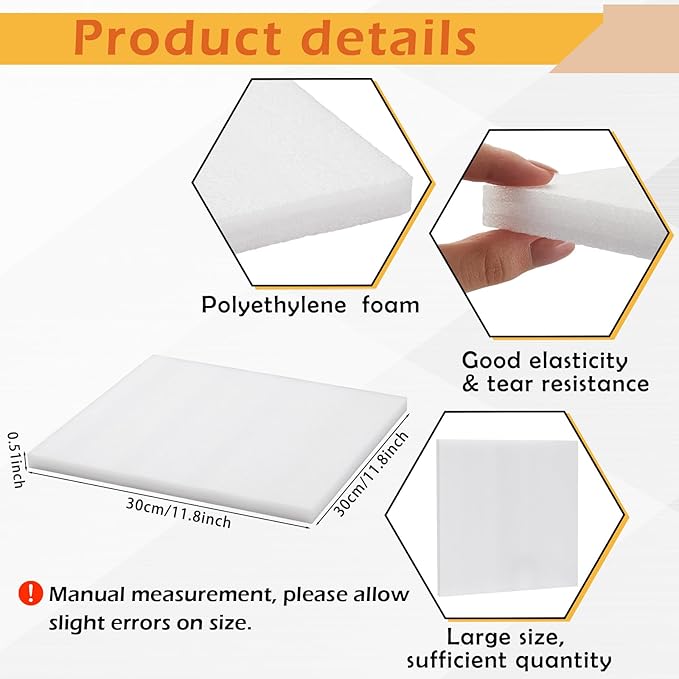 Frienda 8 Pcs Polyethylene Foam Sheet, 12 x 12 x 0.5 Inch Cuttable Packing Foam Pad Cushioning for Tool Box, Cases Craft Shipping Moving and Storage (White)