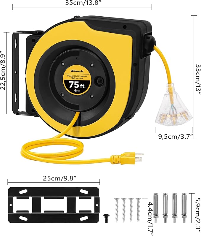 Retractable Cord Reel, 75 FT Heavy Duty Extension Cord, 14AWG/3C SJTOW, 3 Grounded Outlets Lighted Triple Tap, 10A Circuit Breaker, Wall/Ceiling Mounted, UL Listed, Yellow Y75CR06