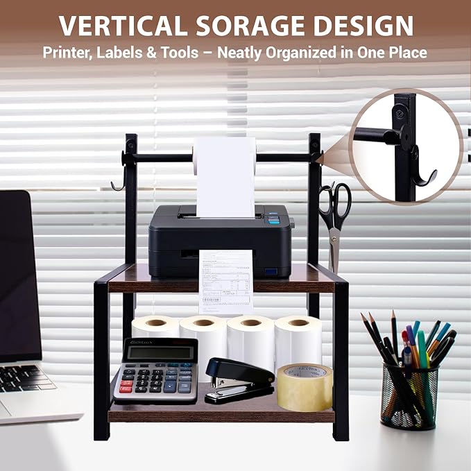 Label Holder for Rolls and Fan-Fold Labels - Wood Thermal Sticker Holder for Desktop with Hook,Shipping Label Dispenser Stand for Home Office and Small Businesses
