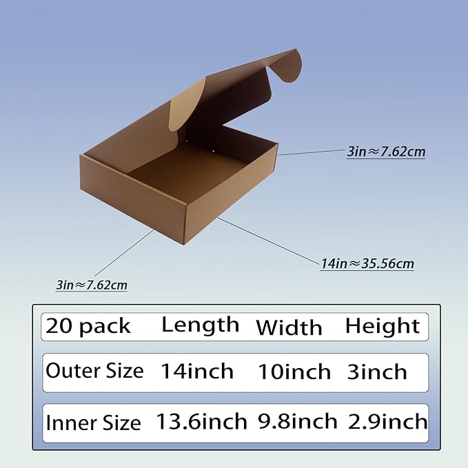 14x10x3 inch Shipping Boxes Pack of 20, Brown Corrugated Cardboard Box Mailer Boxes for Packaging Small Business Shipping，Recyclable Moving Storage Mailing Boxes Bulk Book Literature Gift Giving