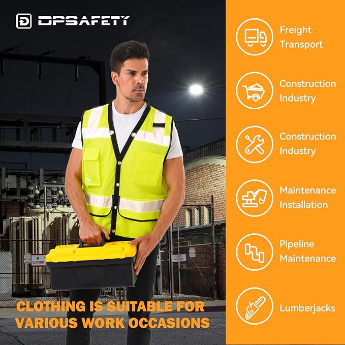 Reflective Safety Vest With Back Plan Pocket, High Visibility Class 2 Heavy Duty Surveyor, ANSI/ISEA Standard Construction Work for Men & Women (Lime-Button, XL)