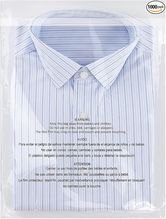 iMailer - 1000 Count - 12" x 15" Clear Plastic Poly Bags with Suffocation Warning for Clothing, T-Shirts,Shipping, Packaging -Resealable Adhesive,Not Strong