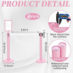 Therwen 6 Pack Heavy Duty Crowd Control Stanchions 9.8 ft Stainless Steel Stanchion Set with 6 Safety Barrier Post Retractable Belt and 1 Sign Holder Crowd Control Barrier(White Belt,Pink)